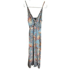 Angie Light Blue Orange Floral Boho Cutout Maxi Dress Side Slits M/L